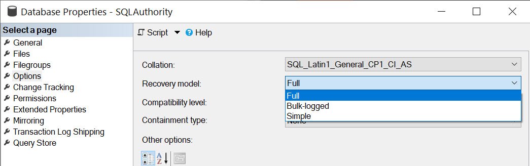 Script tab in database properties.