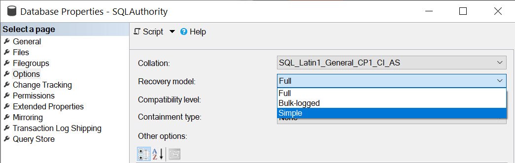 SQL Server recovery model options.