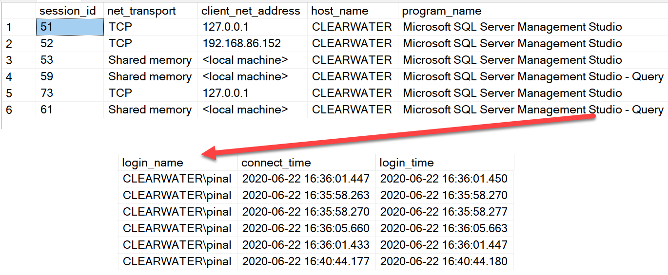 SSMS query results showing session net_transport, client_net_address, login names and connect times