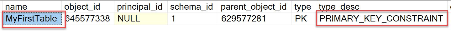 Table showing primary key constraint.