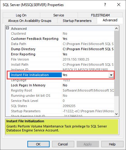 SQL Server Instant File Initialization setting dialog.