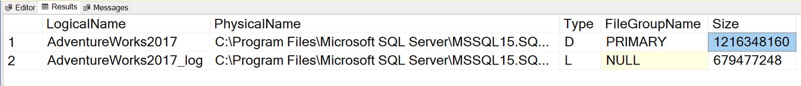 SSMS results listing AdventureWorks2017 data and log files with paths, filegroup and size