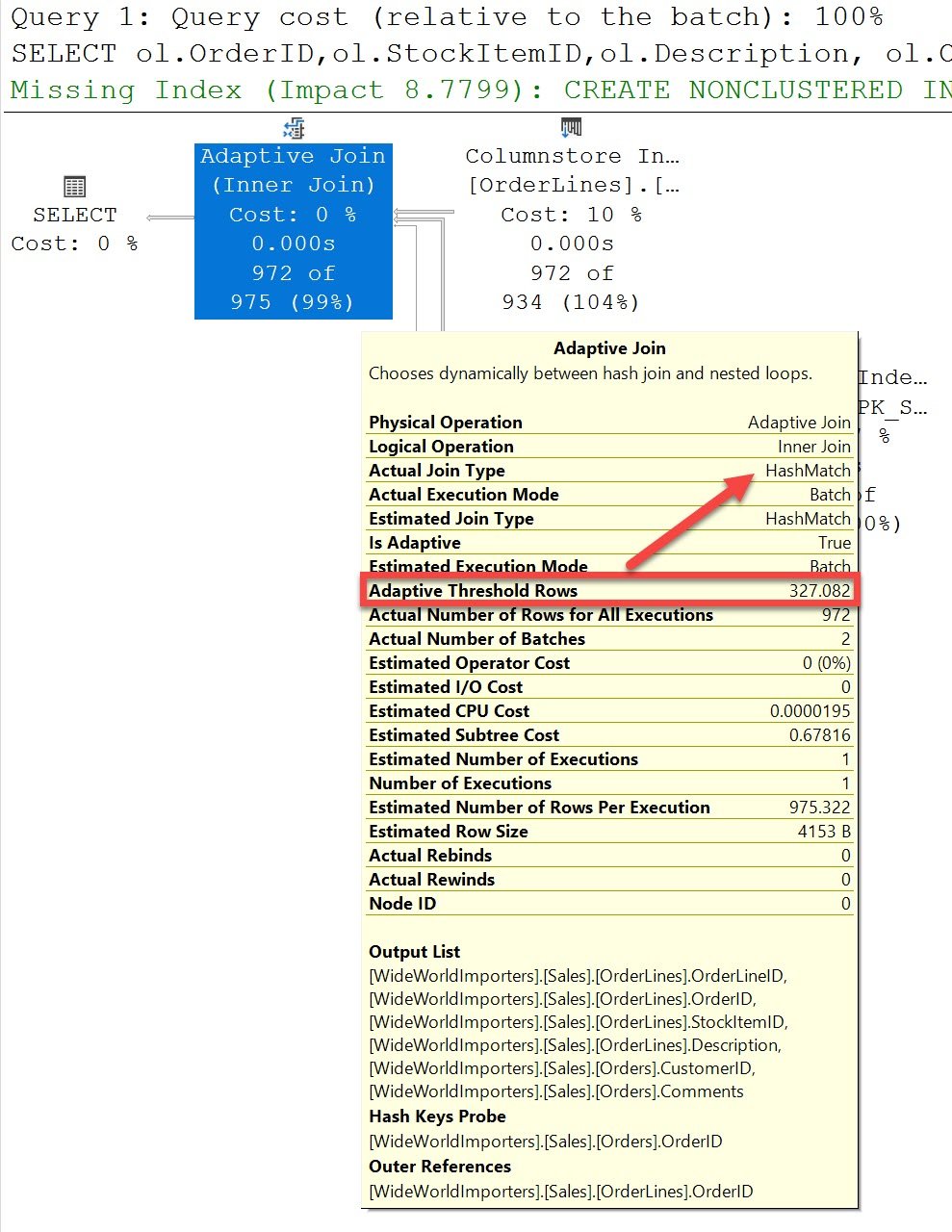 SQL Server Adaptive Join Threshold Rows.