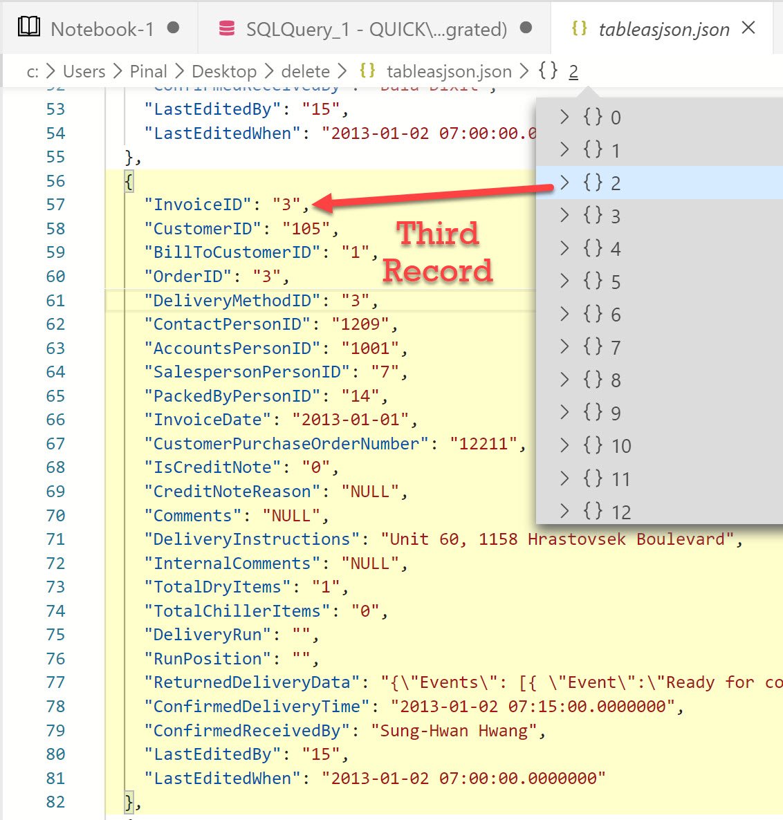 Tool window displaying SQL Server query.