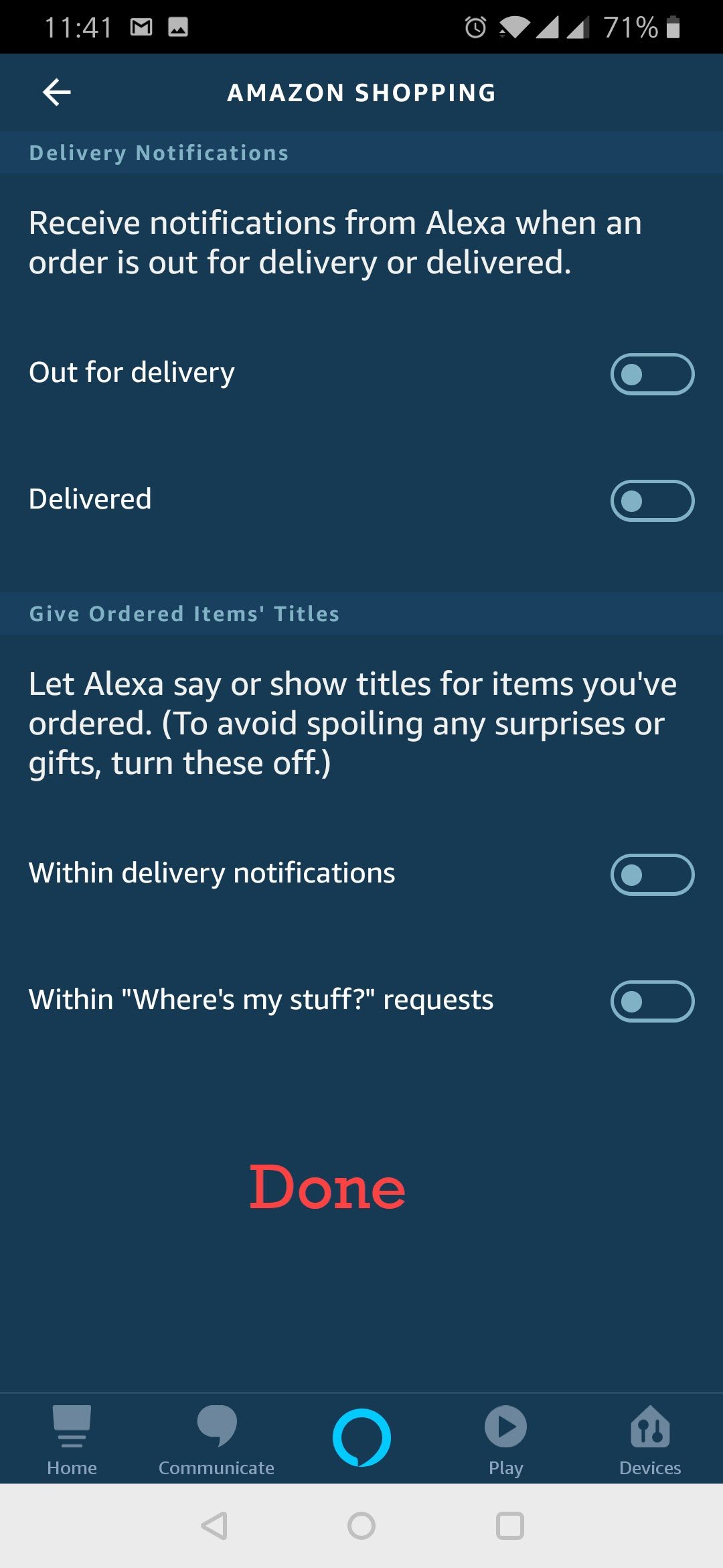 Original 2019 Amazon Shopping notification switches