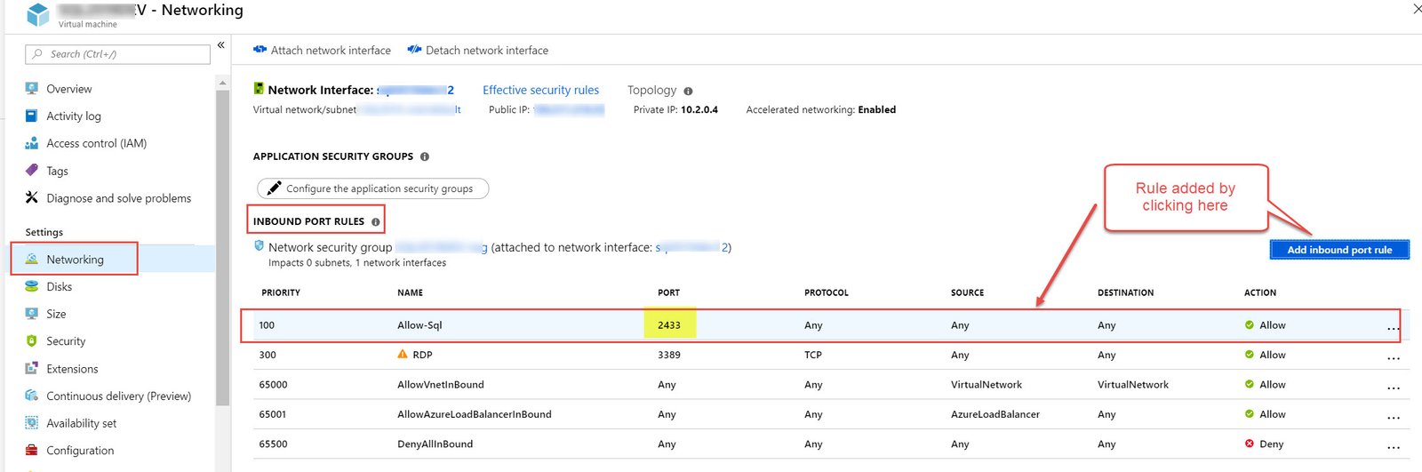 Azure Virtual Machine inbound port rule configuration.