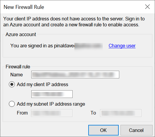 Historical Azure SQL connection and firewall walkthrough, image 3. Portal labels and sign-in dialogs can change.