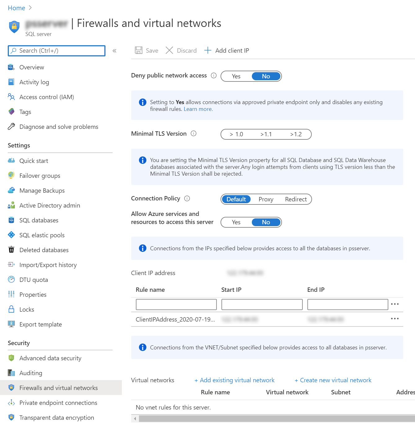 Historical Azure SQL connection and firewall walkthrough, image 4. Portal labels and sign-in dialogs can change.