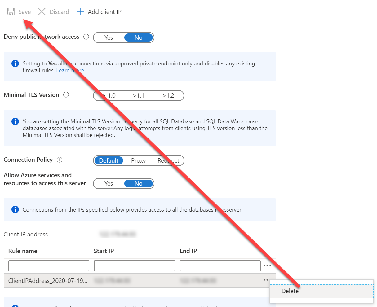 Historical Azure SQL connection and firewall walkthrough, image 5. Portal labels and sign-in dialogs can change.