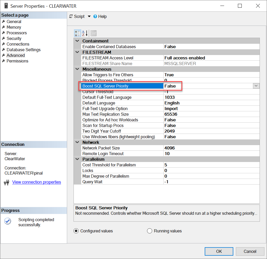 SQL Server priority checkbox.