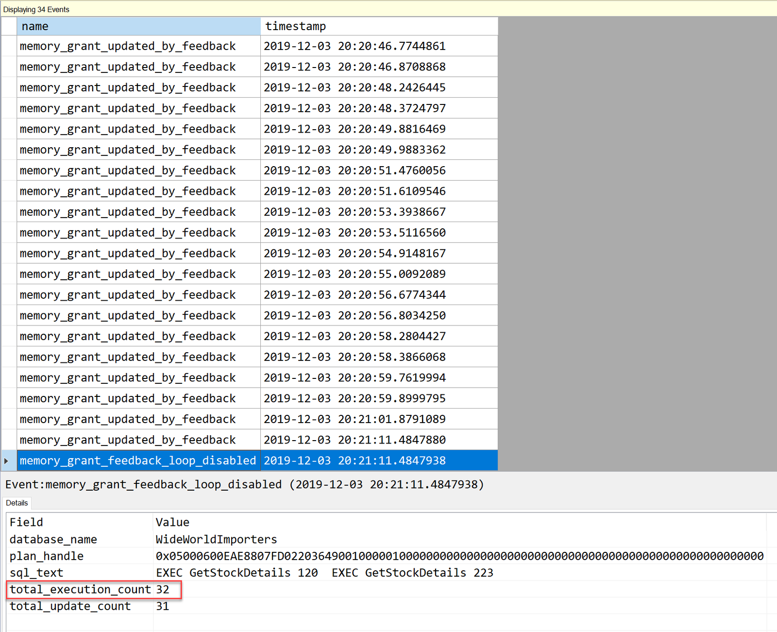 Total execution count and total update count.