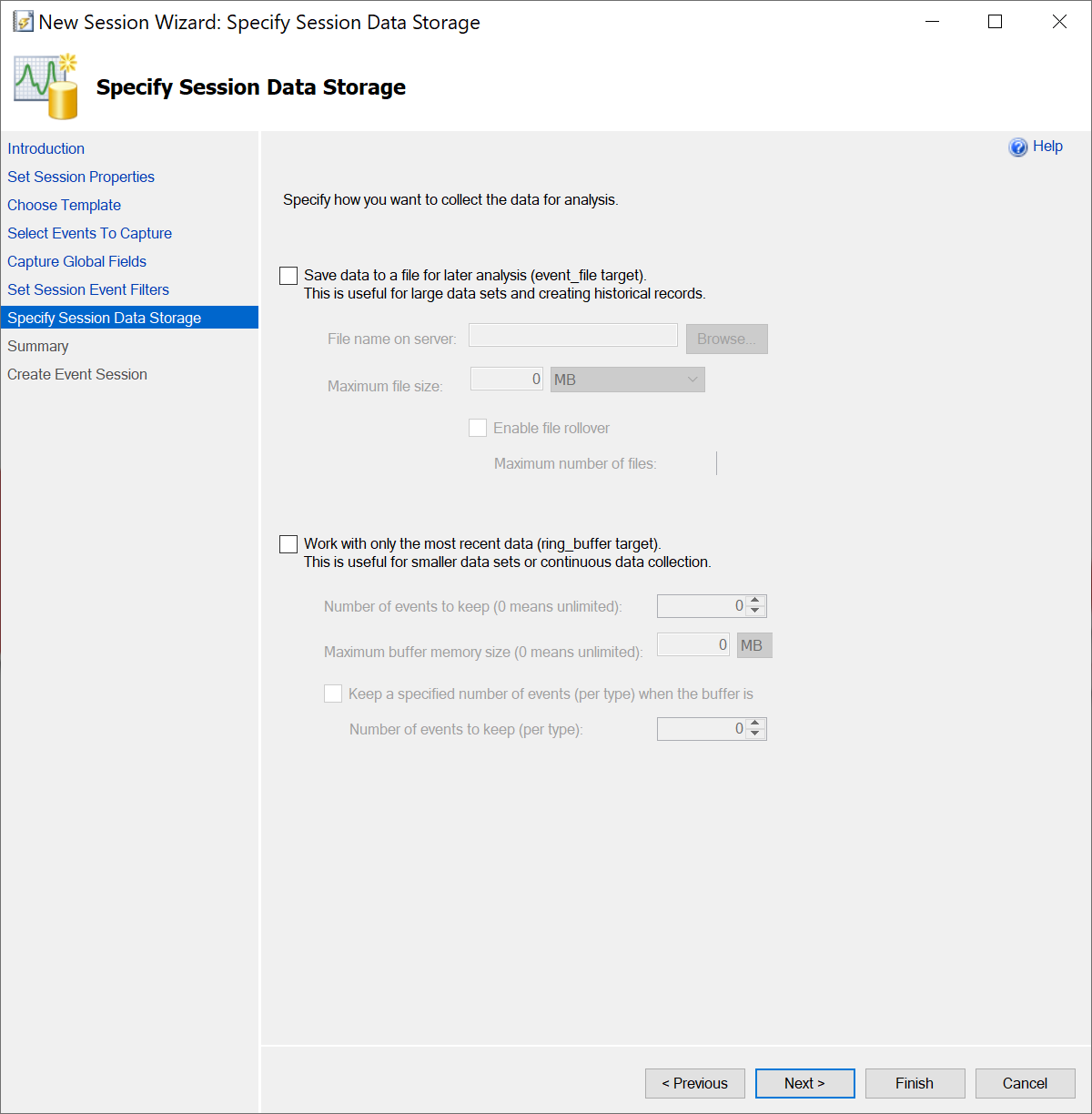 Specify Session Data Storage Wizard.