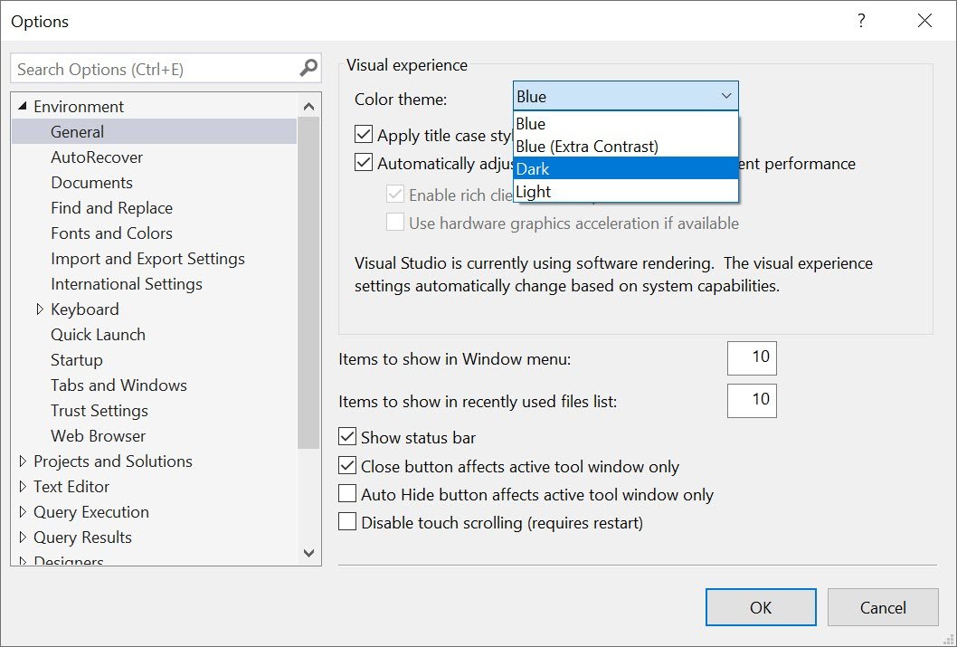 SQL Dark Theme Options.