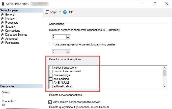 Original SSMS server Connections page shows default connection option checkboxes