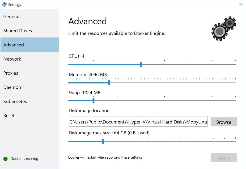 Docker settings windows.