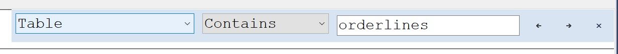 The Find Node bar of an execution plan set to Table, Contains, orderlines.