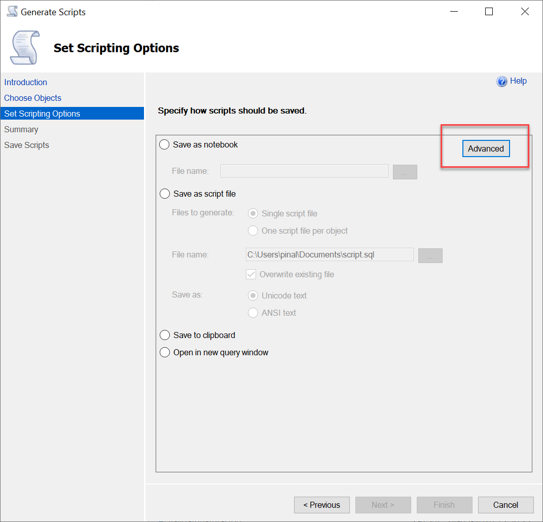 Original Set Scripting Options page highlights Advanced