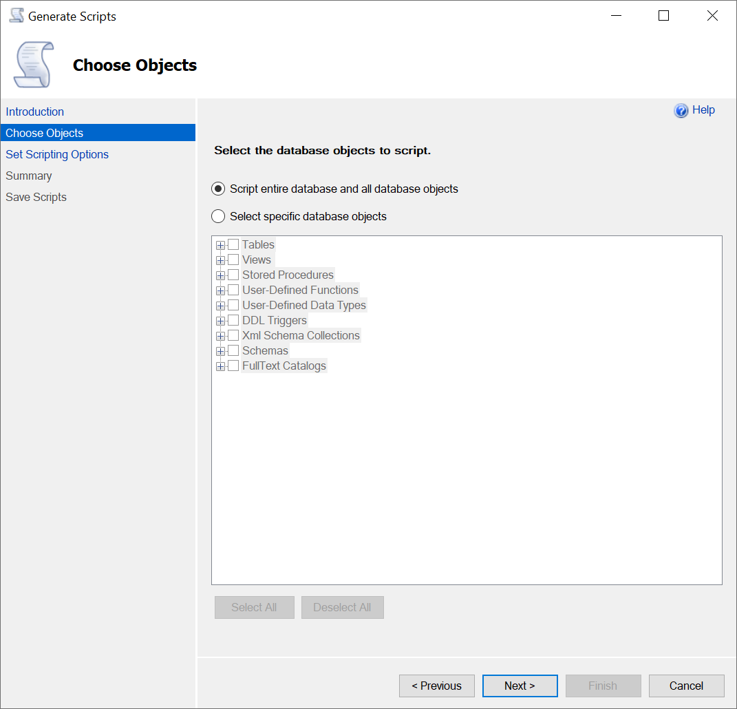 Original Choose Objects page for Generate Scripts