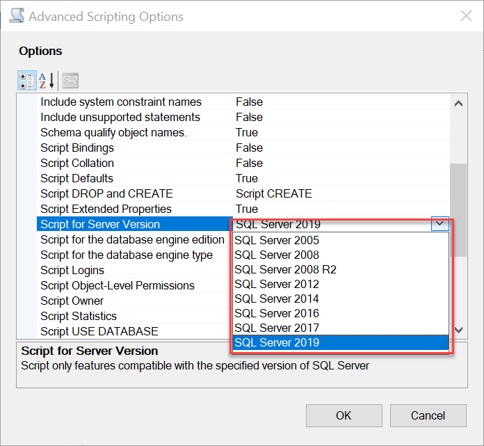 Original version list contains SQL Server 2005 through SQL Server 2019
