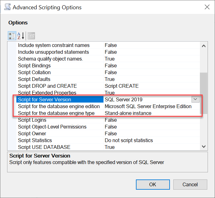 Original server version engine edition and engine type options