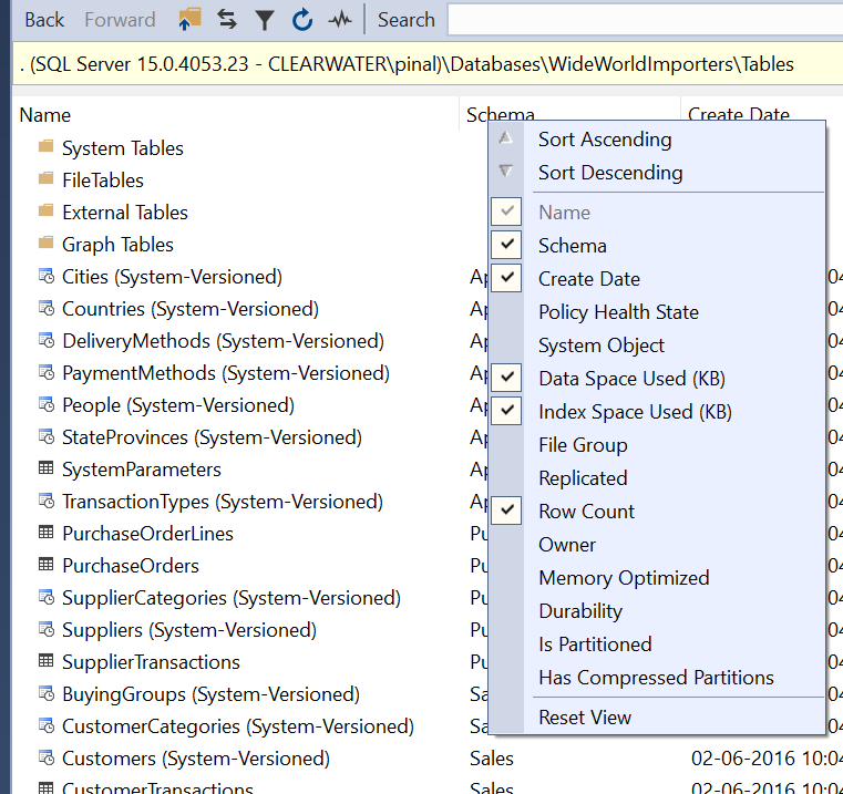 SSMS Tables Window.