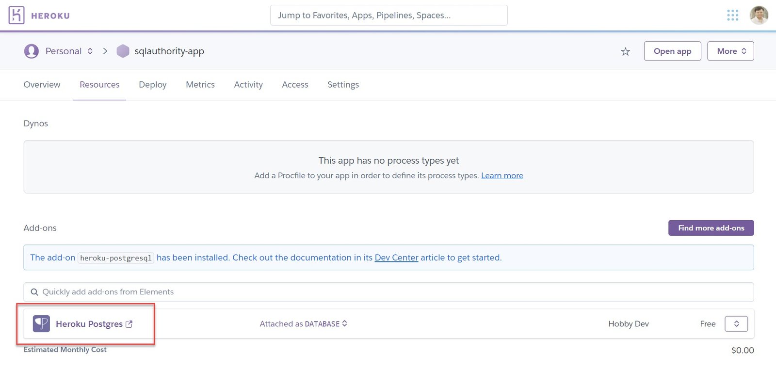 Deploying Heroku Postgres Add-On.