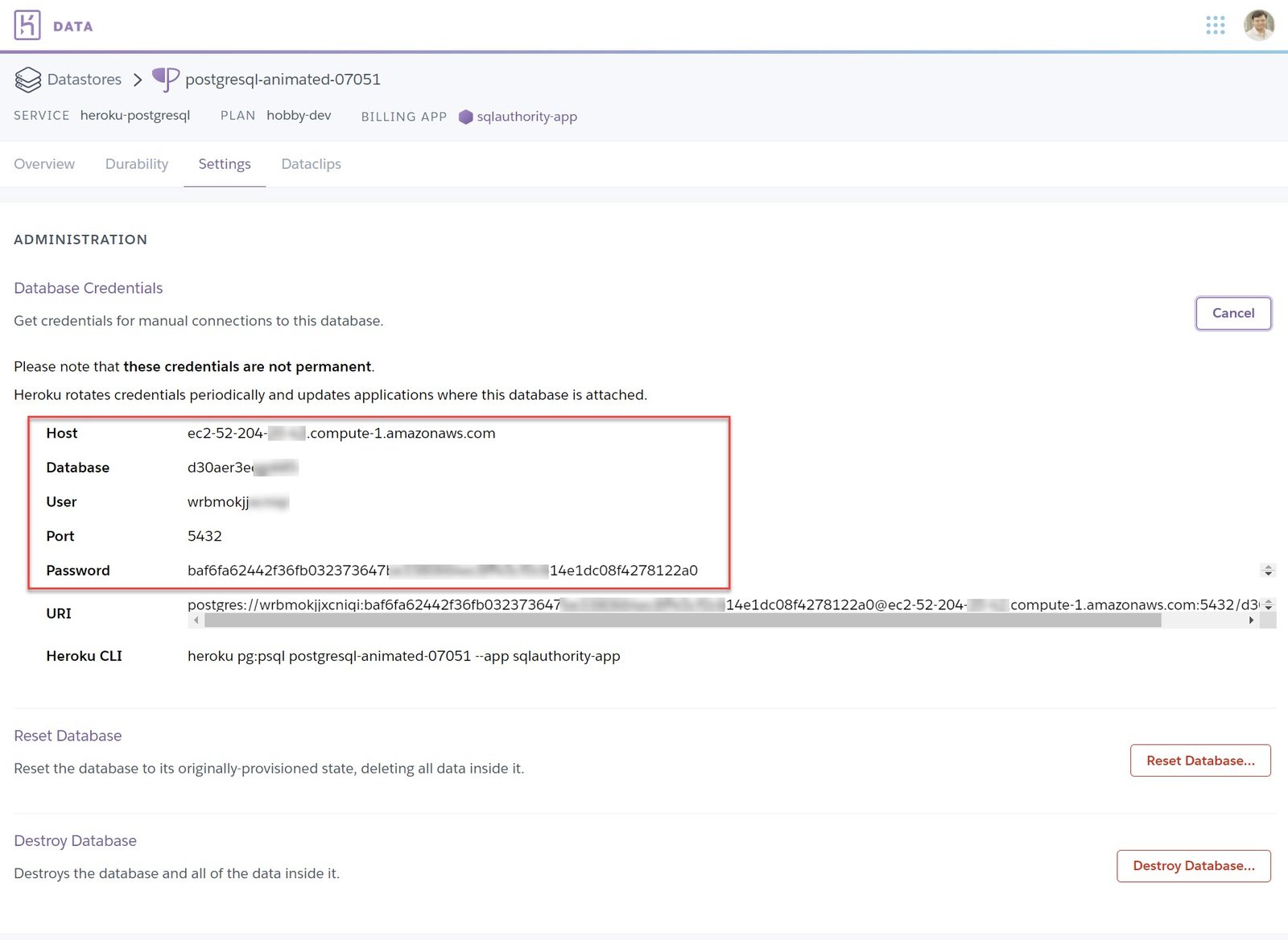 Heroku postgresql database credentials.