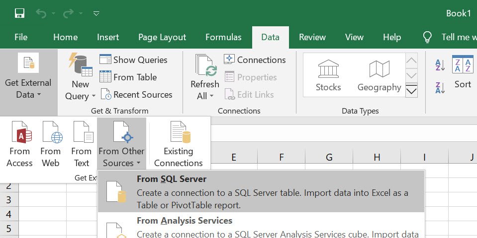 Importing a SQL Server table into Excel.