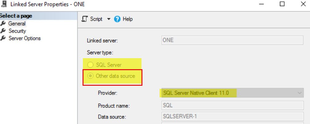 Select a page' window for Linked Server Properties.
