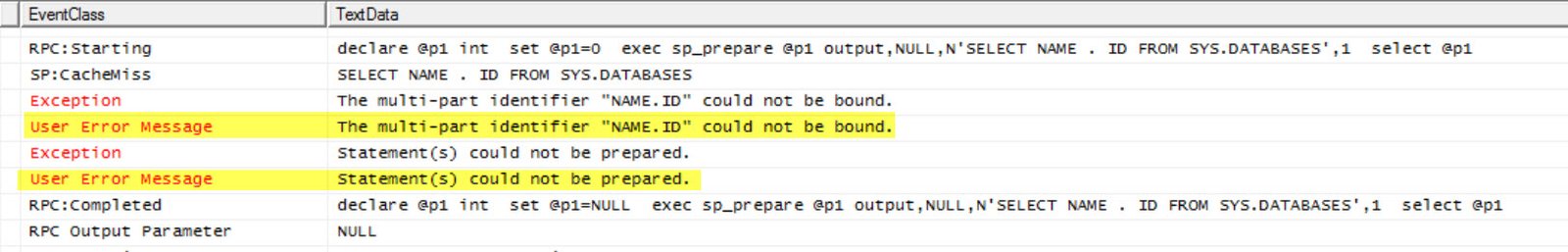 Sql error message windows dialog.