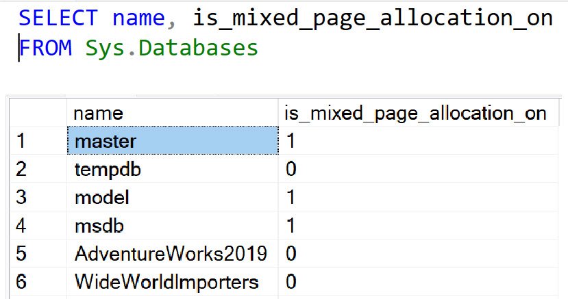 SSMS query on sys.databases showing is_mixed_page_allocation_on for each database