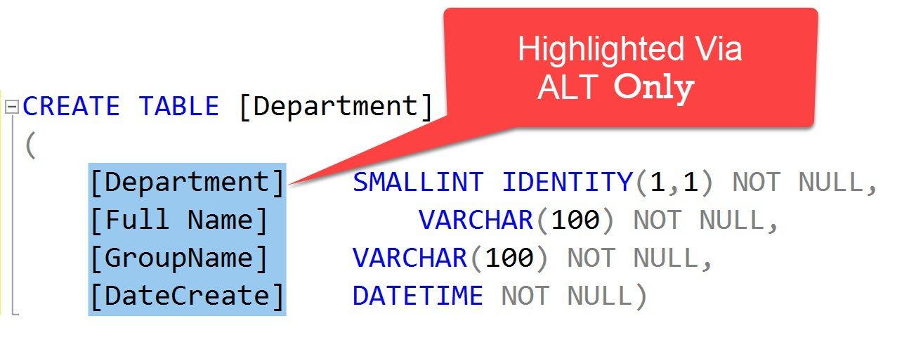 SQL Server tool window highlighting 'ALT Keys.