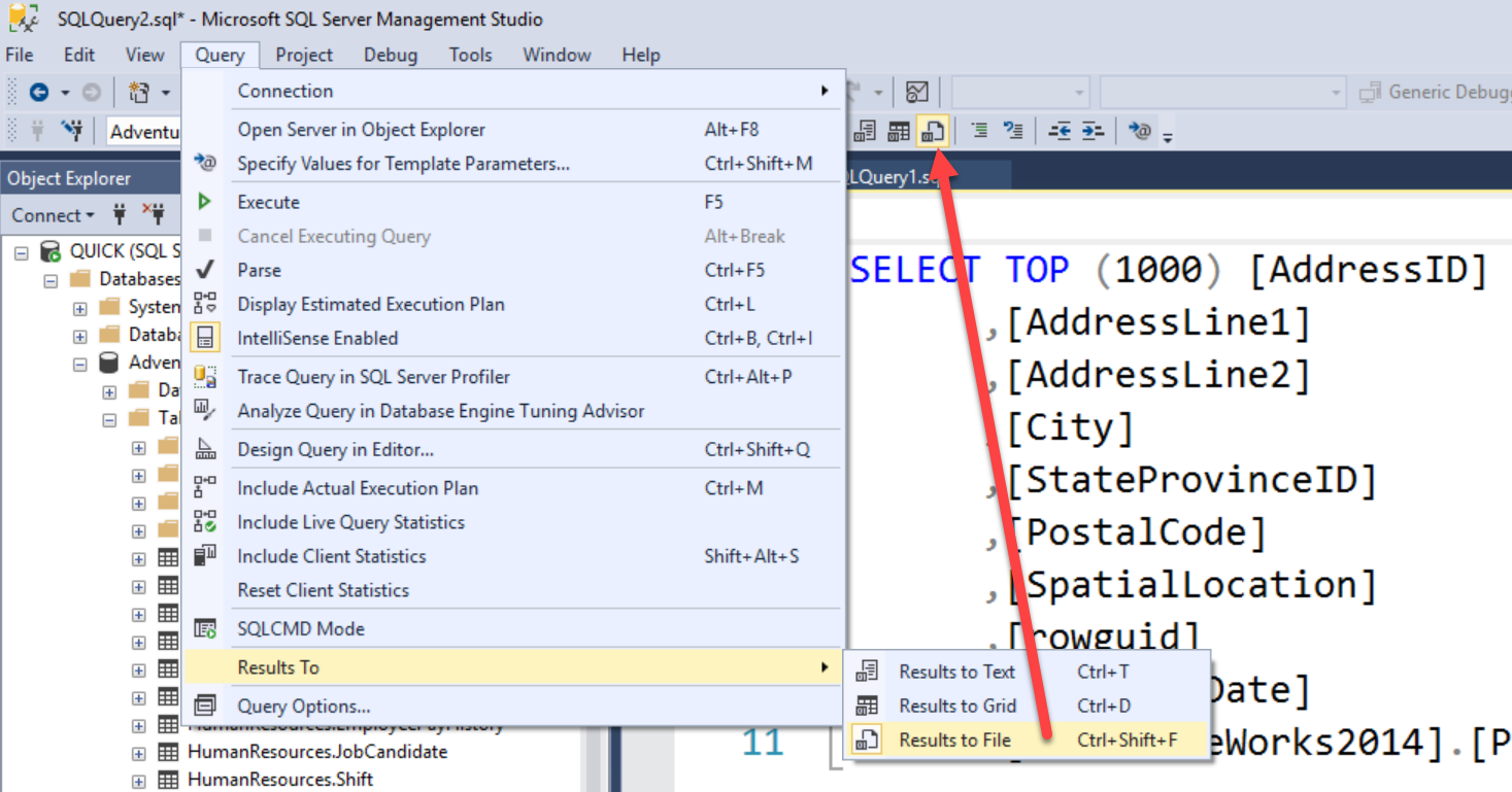 SQL Server Management Studio query tool window.