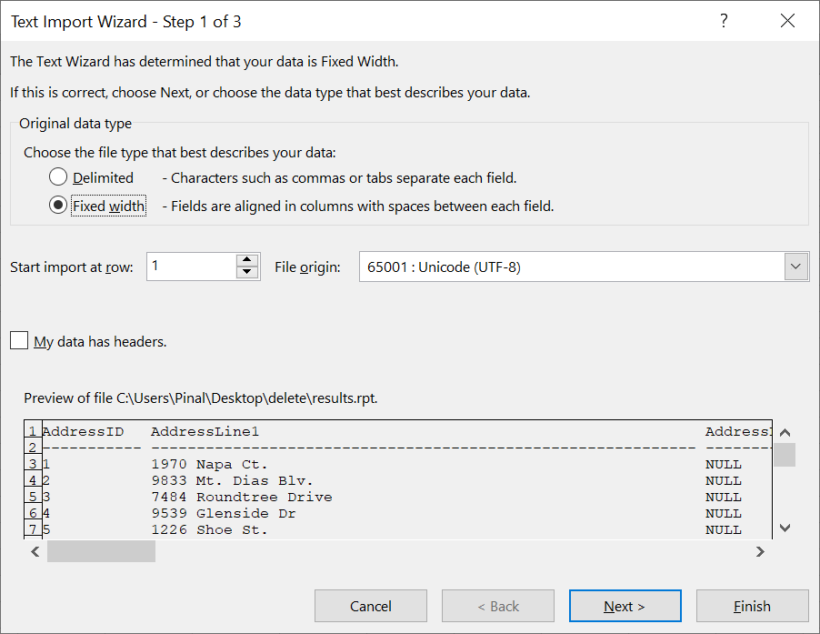 Excel Data Import Wizard Step 1.
