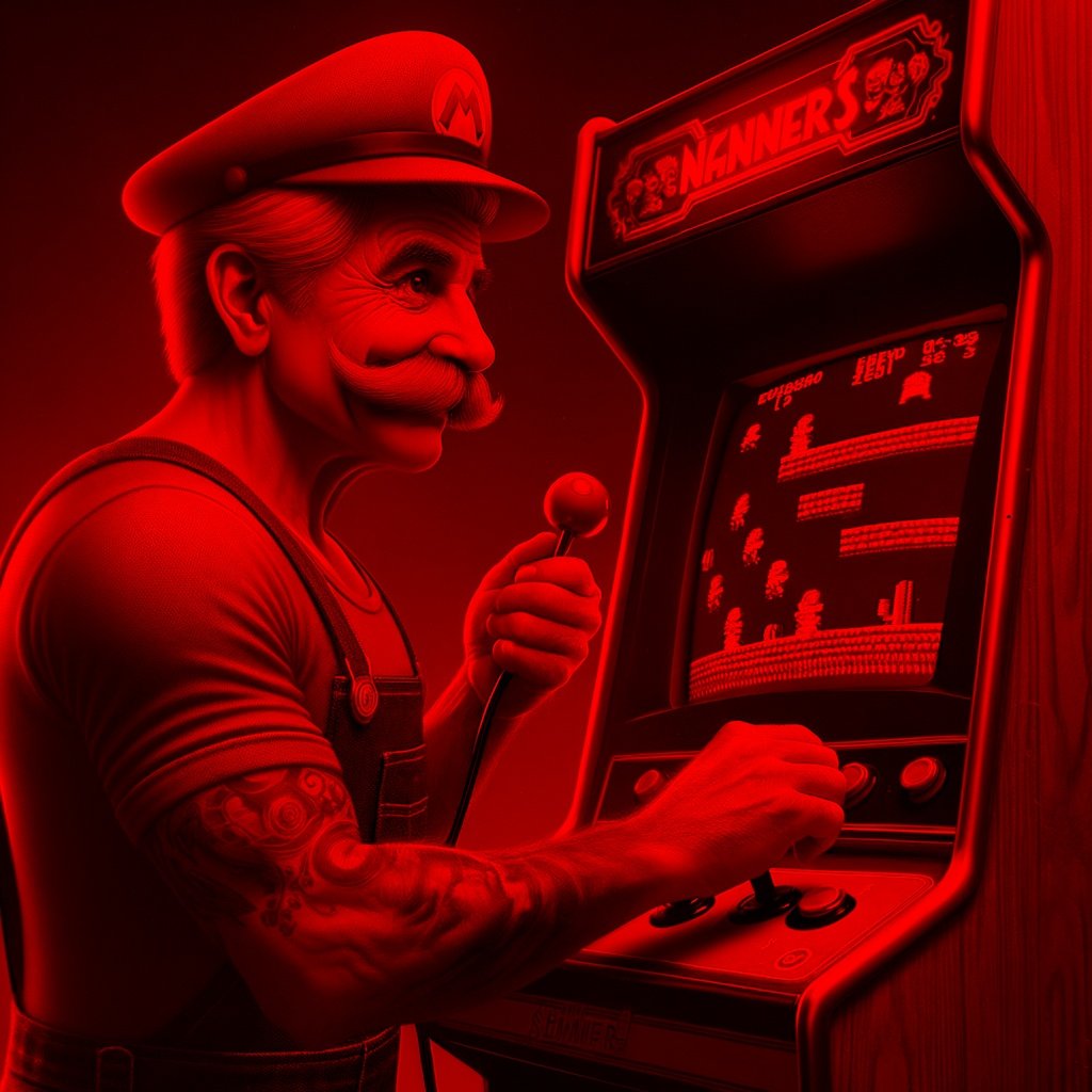A red-hued person holding a microphone and playing an arcade game.
