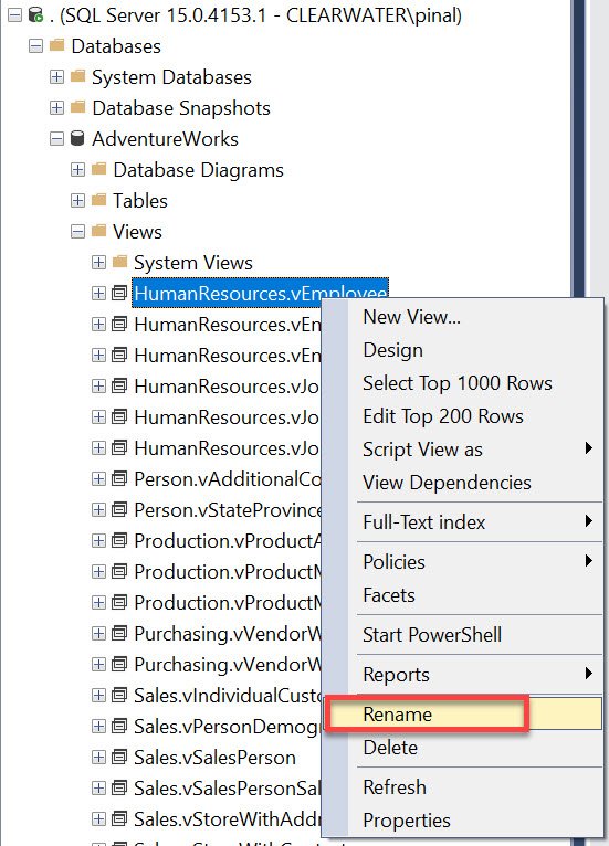 Historical SSMS Views context menu showing Rename.
