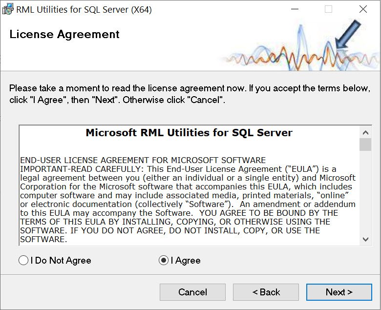 Agreement dialog box for RML Utilities for SQL Server.