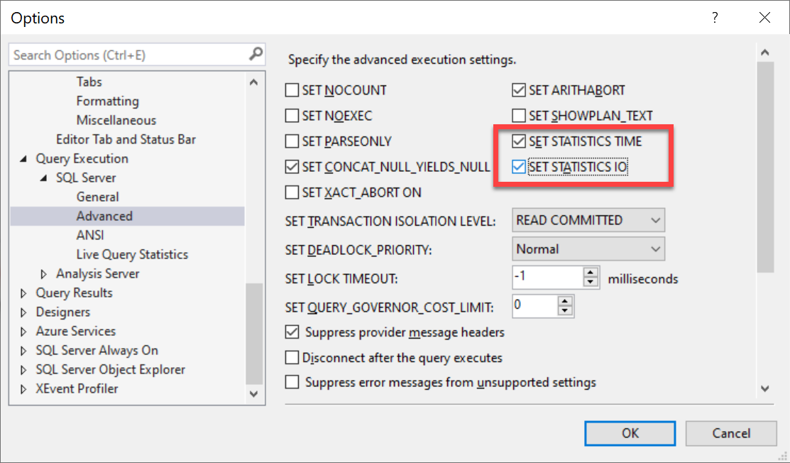 SQL Server statistics time and IO option.