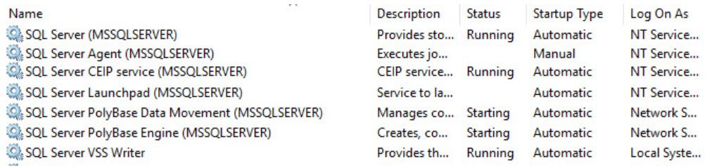 SQL Server Service Manager showing SQL Server Services.