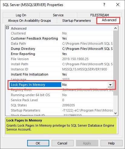 SQL Server Properties in Configuration Manager, Advanced tab, with the Lock Pages in Memory row highlighted.