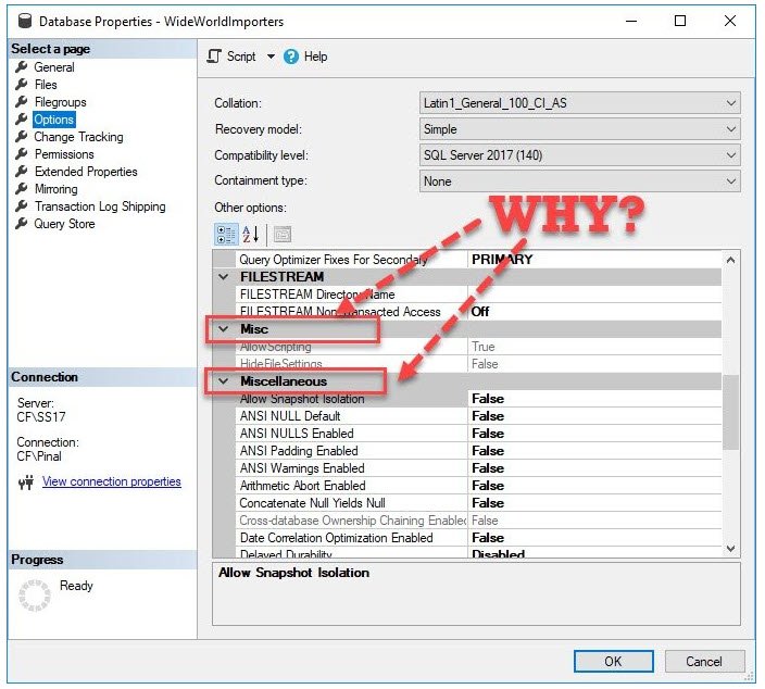 SQL Server Miscellaneous Options Window.