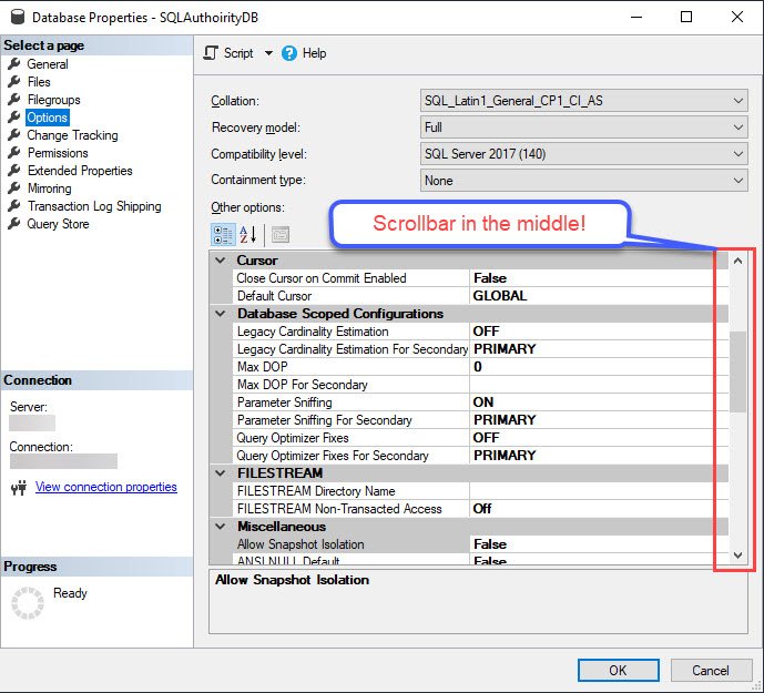 SQL Server Management Studio Options Window.