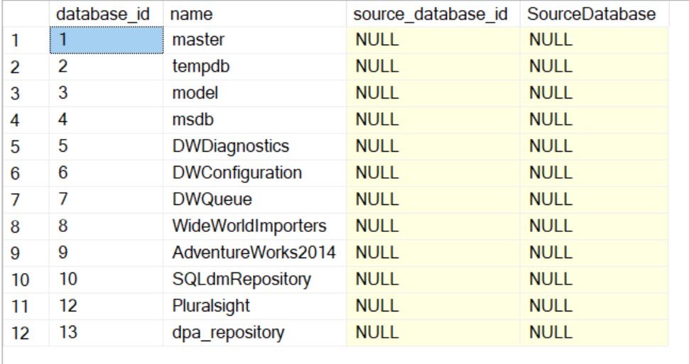 Original database inventory shows NULL in the snapshot source column