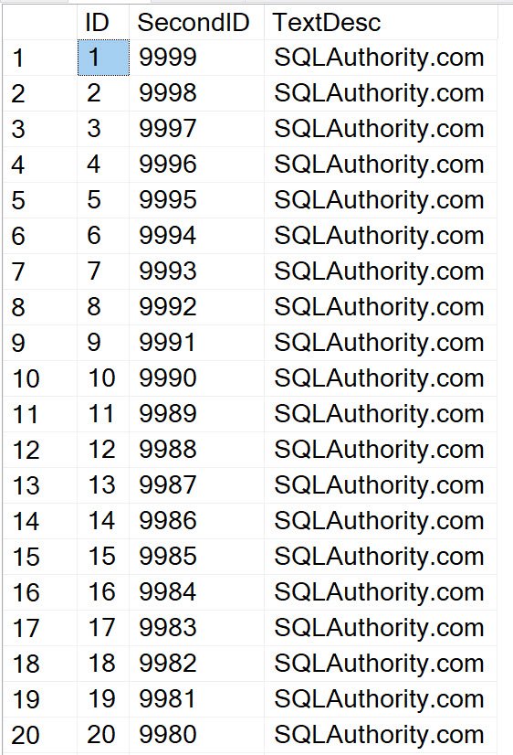 SSMS results with ID counting up from 1 and SecondID counting down from 9999
