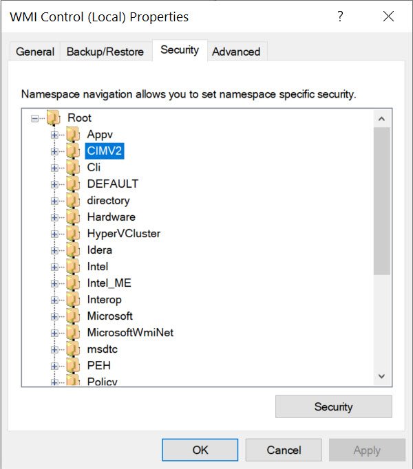 WMI Control Properties Window.