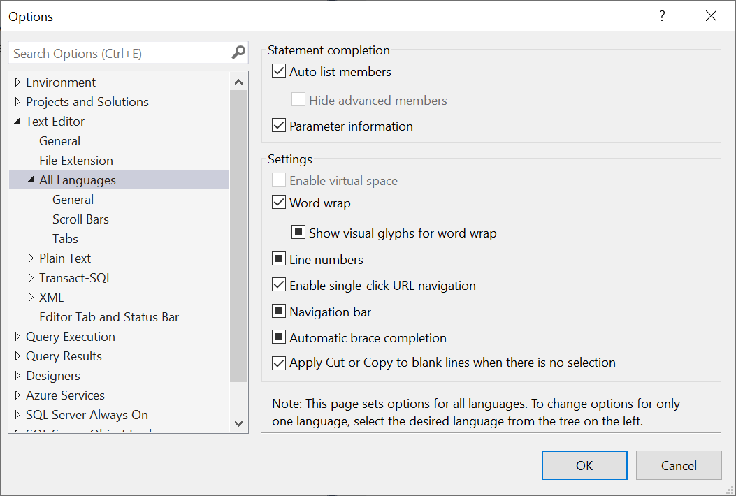 Language selection options.