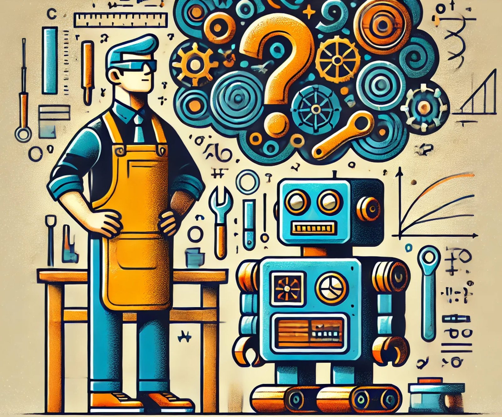 An illustration of a robot and an inventor.