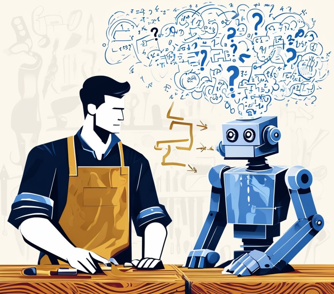 A man and robot with question marks.