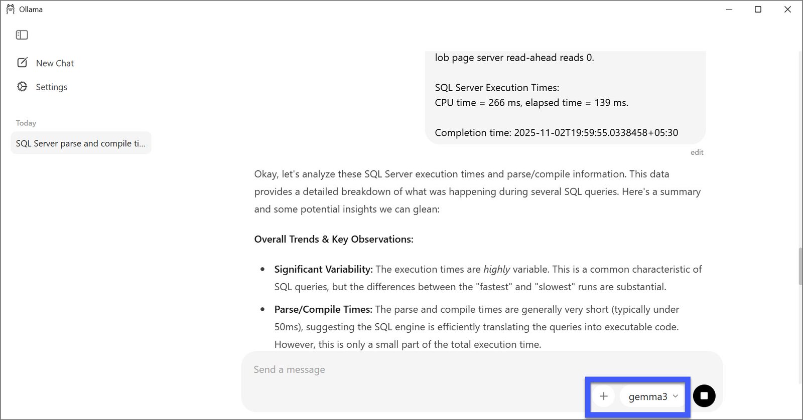 SQL Server execution times and parse/compile information.
